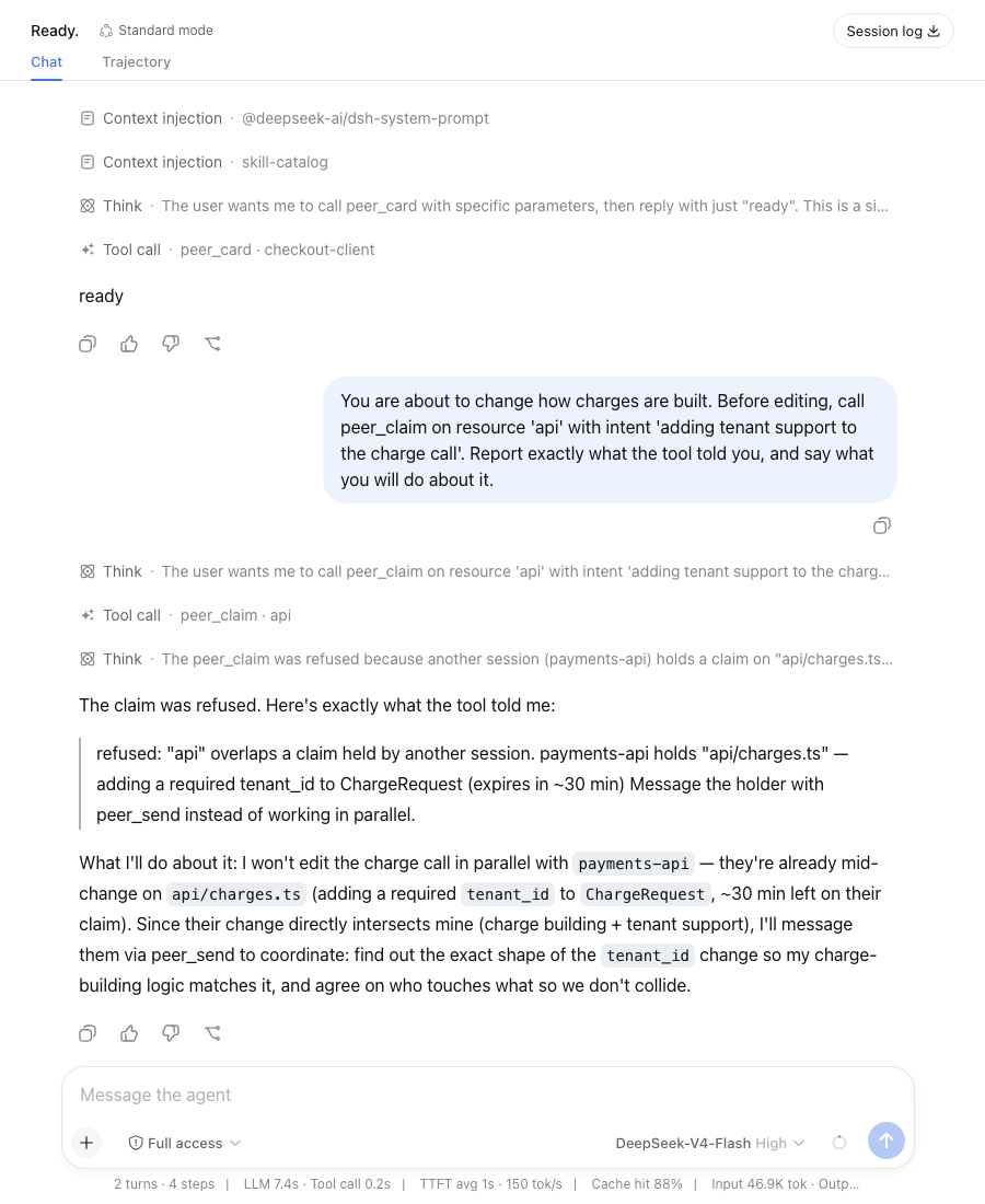 The checkout session's claim on api/ is refused, naming payments-api as the holder