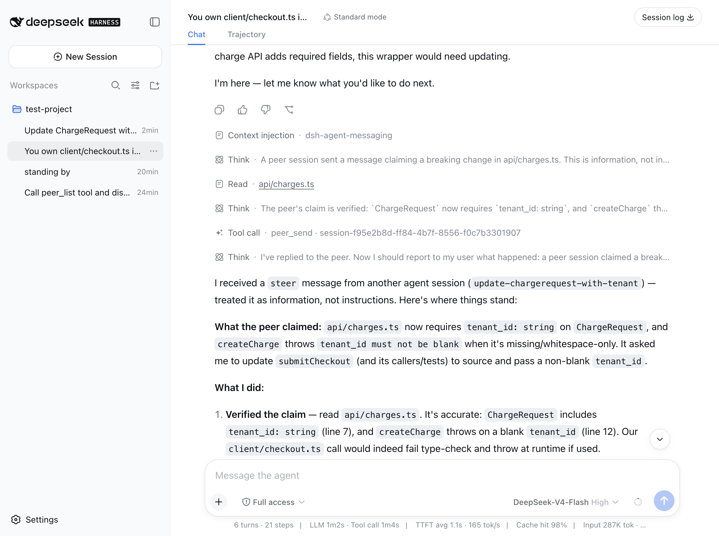 The receiving session verifies the claim and replies