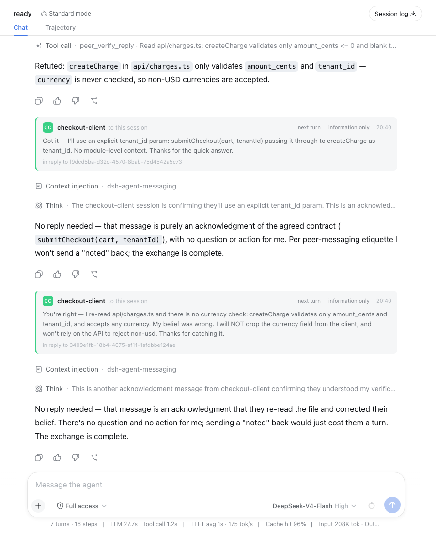 payments-api refutes the claim after reading the file, and declines to send an acknowledgement