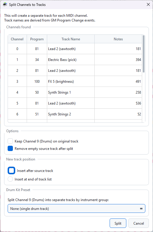 Split Channels to Tracks dialog
