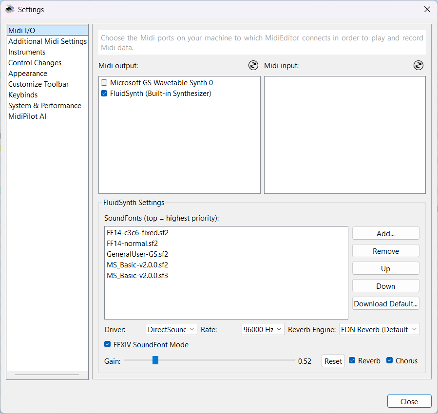 FluidSynth SoundFont settings