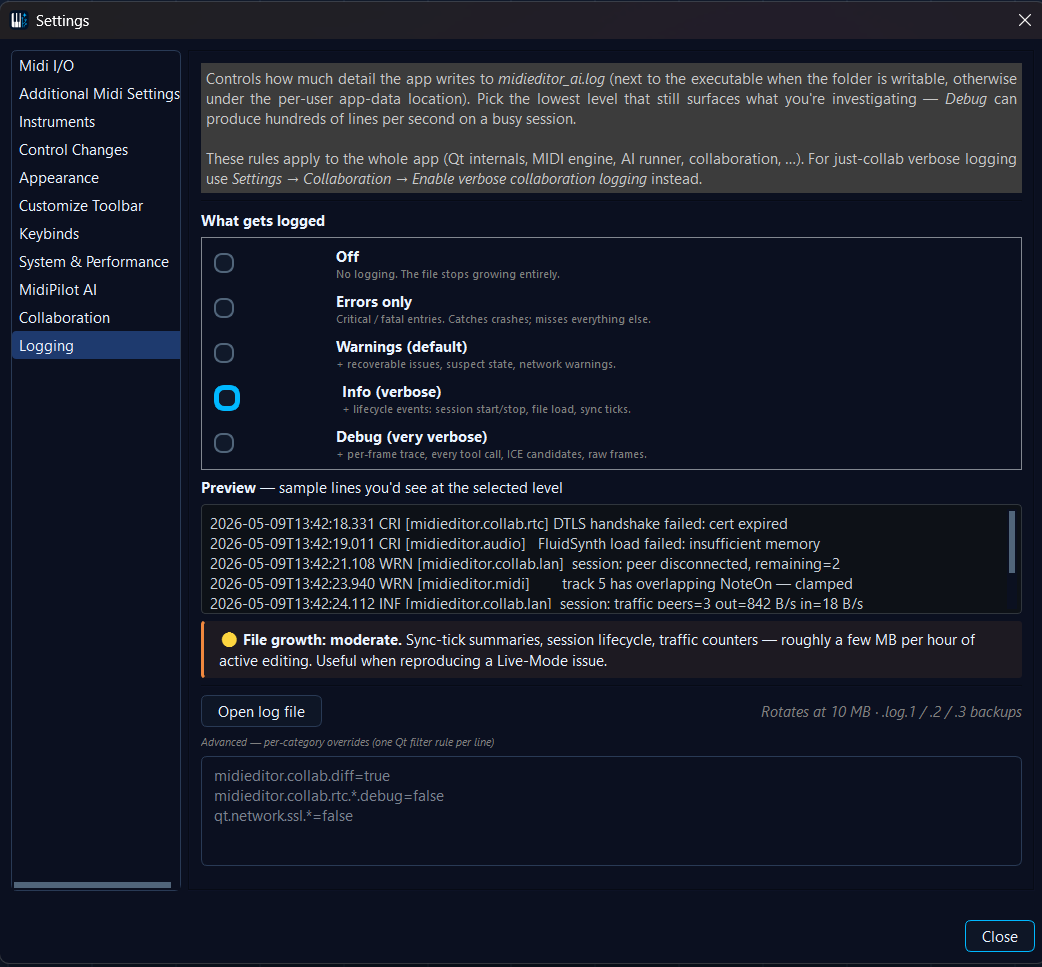Logging settings tab