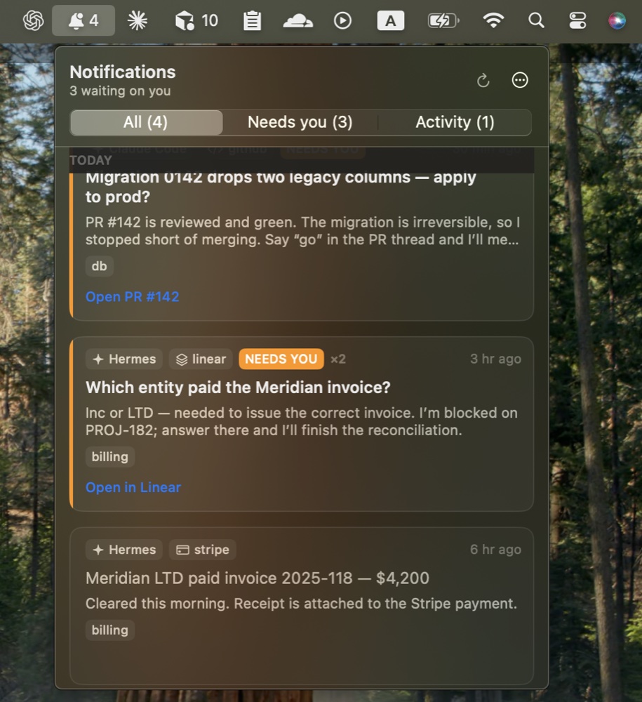 The optional macOS menu bar client: the same feed, one click from the clock