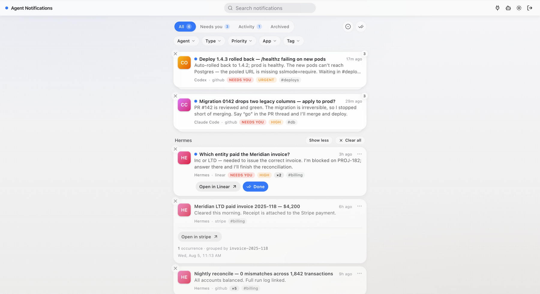 The feed: per-agent stacks, "needs you" vs activity, grouped repeats, deep links out
