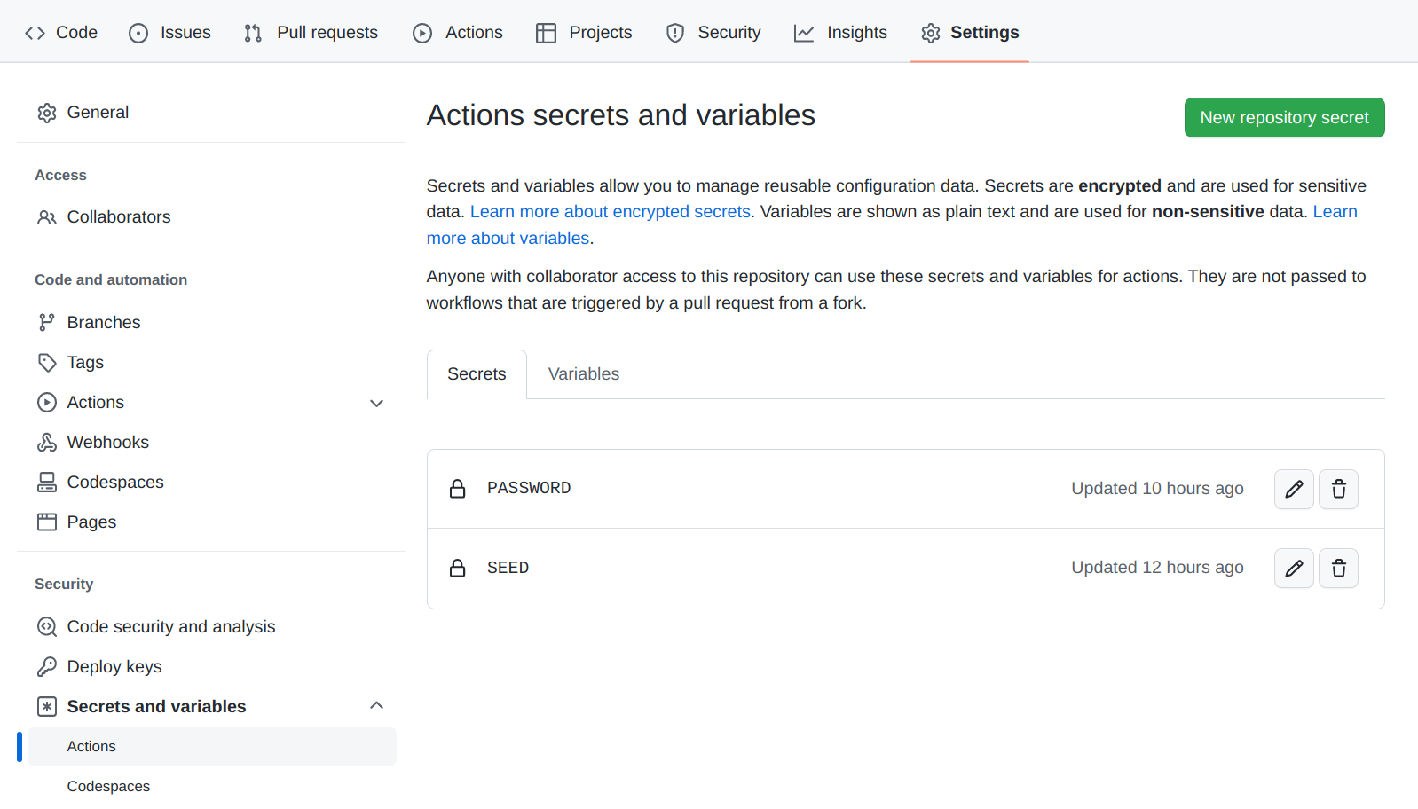 Github Actions secrets