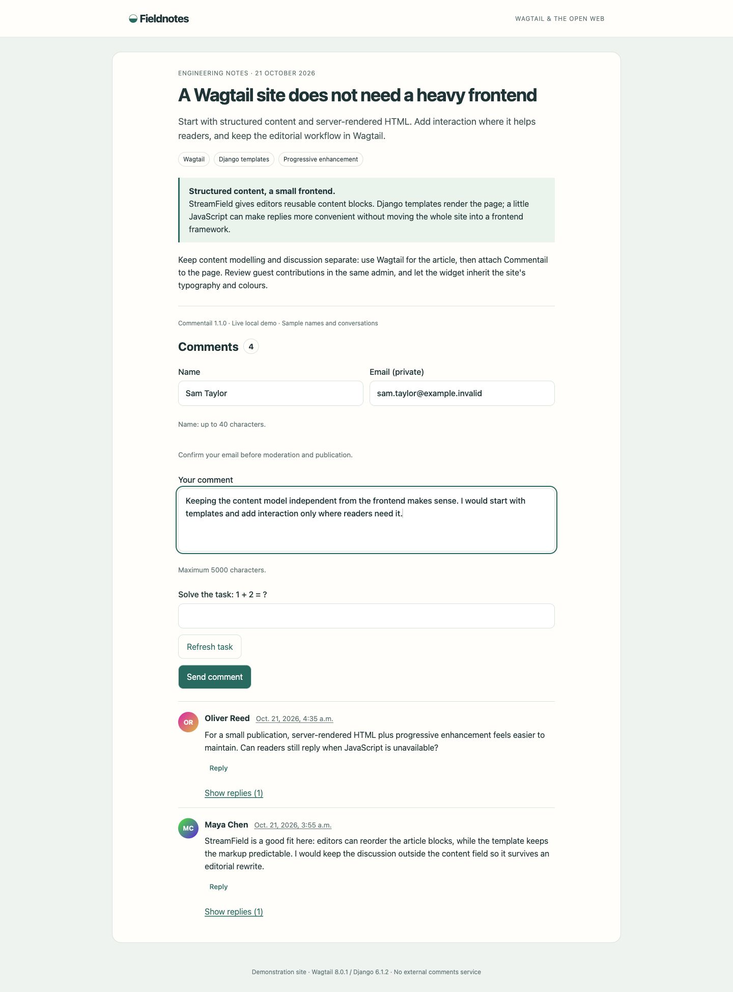 Guest comment form with a sample draft and email-verification notice