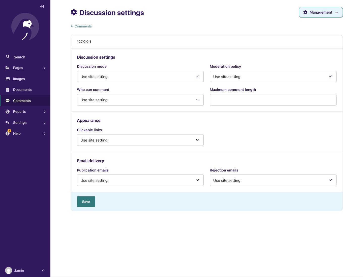 Page discussion settings showing inheritance from the site configuration