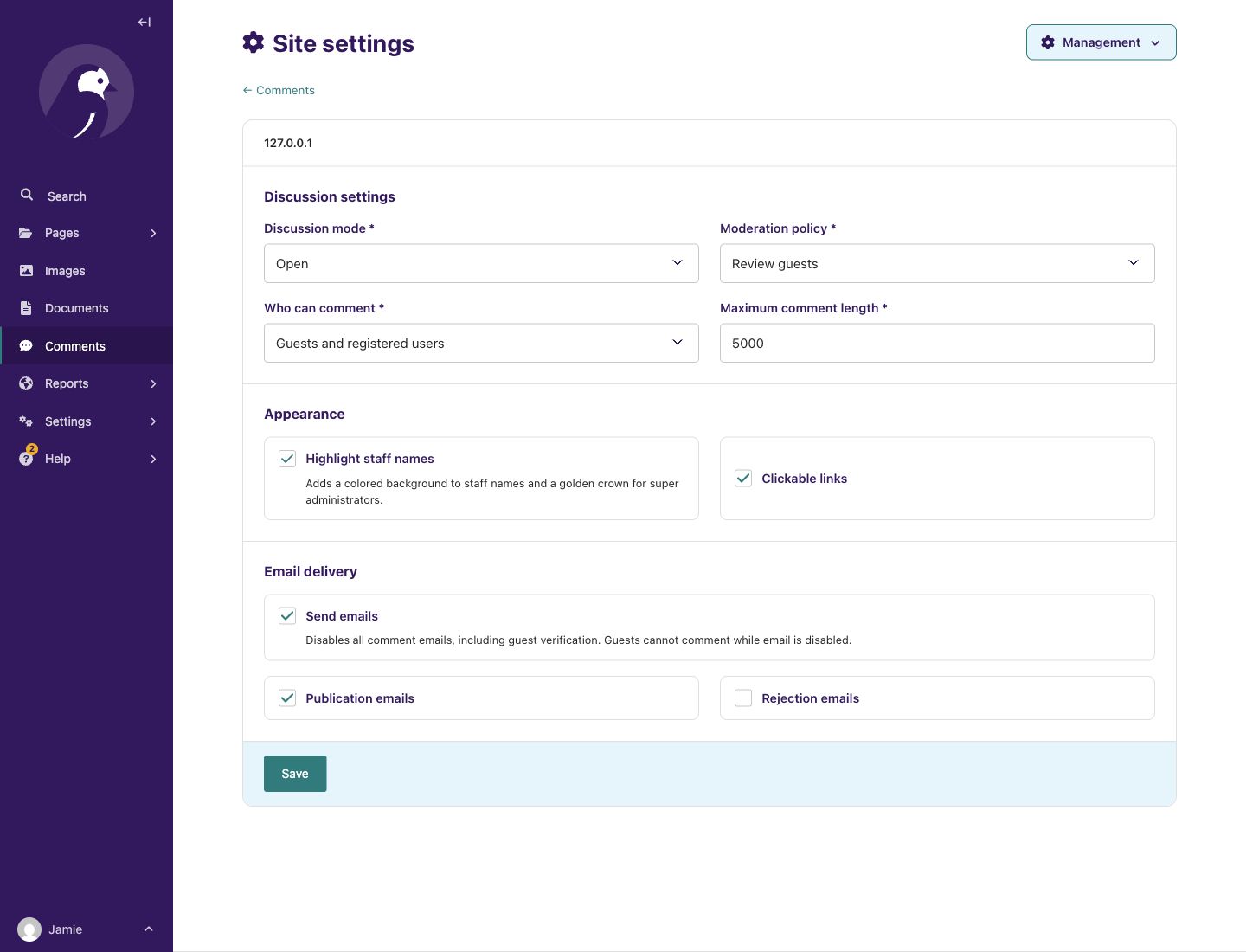 Site comment settings in Wagtail, including moderation, appearance and email options