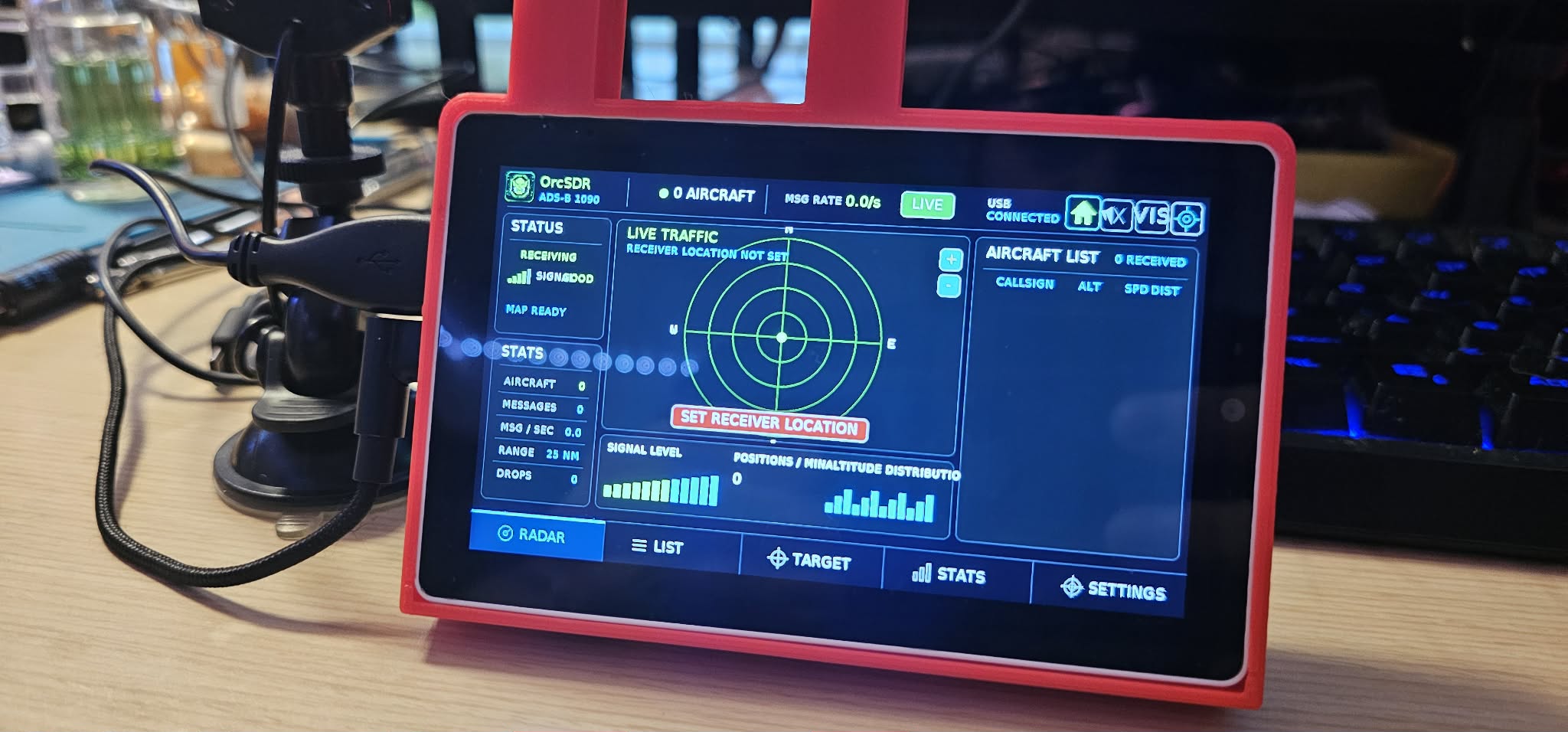 OrcSDR ADS-B dashboard showing its aircraft radar, receiver status, statistics, and aircraft list