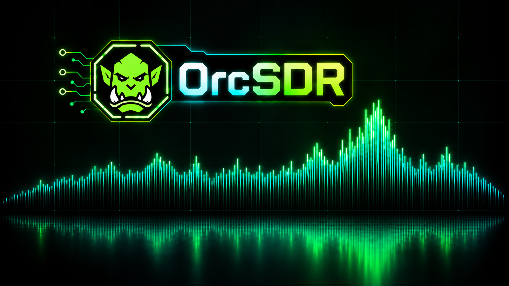 OrcSDR logo above a glowing radio spectrum and waterfall