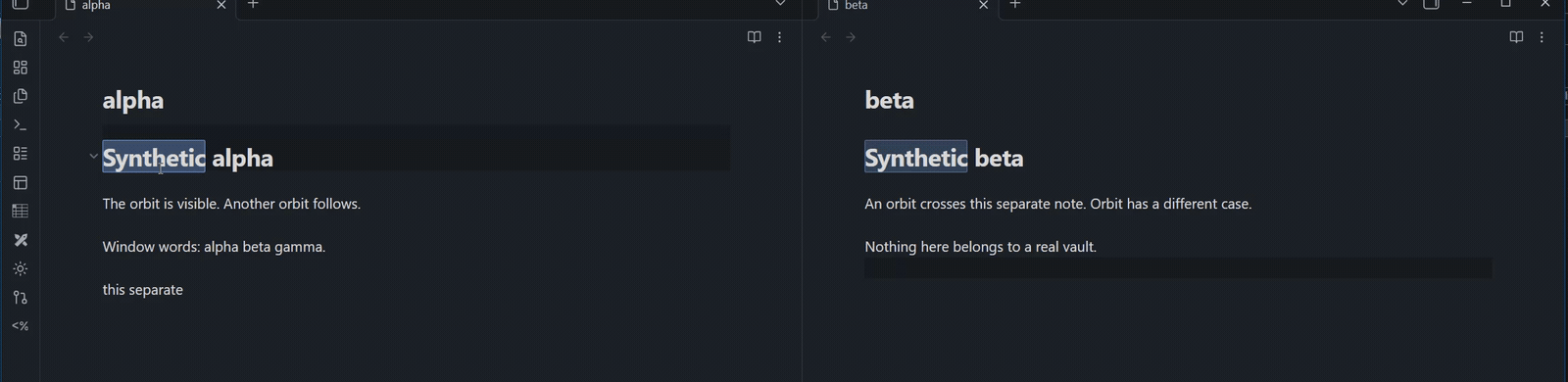 Real Obsidian recording: matching text is highlighted in two panes containing different notes