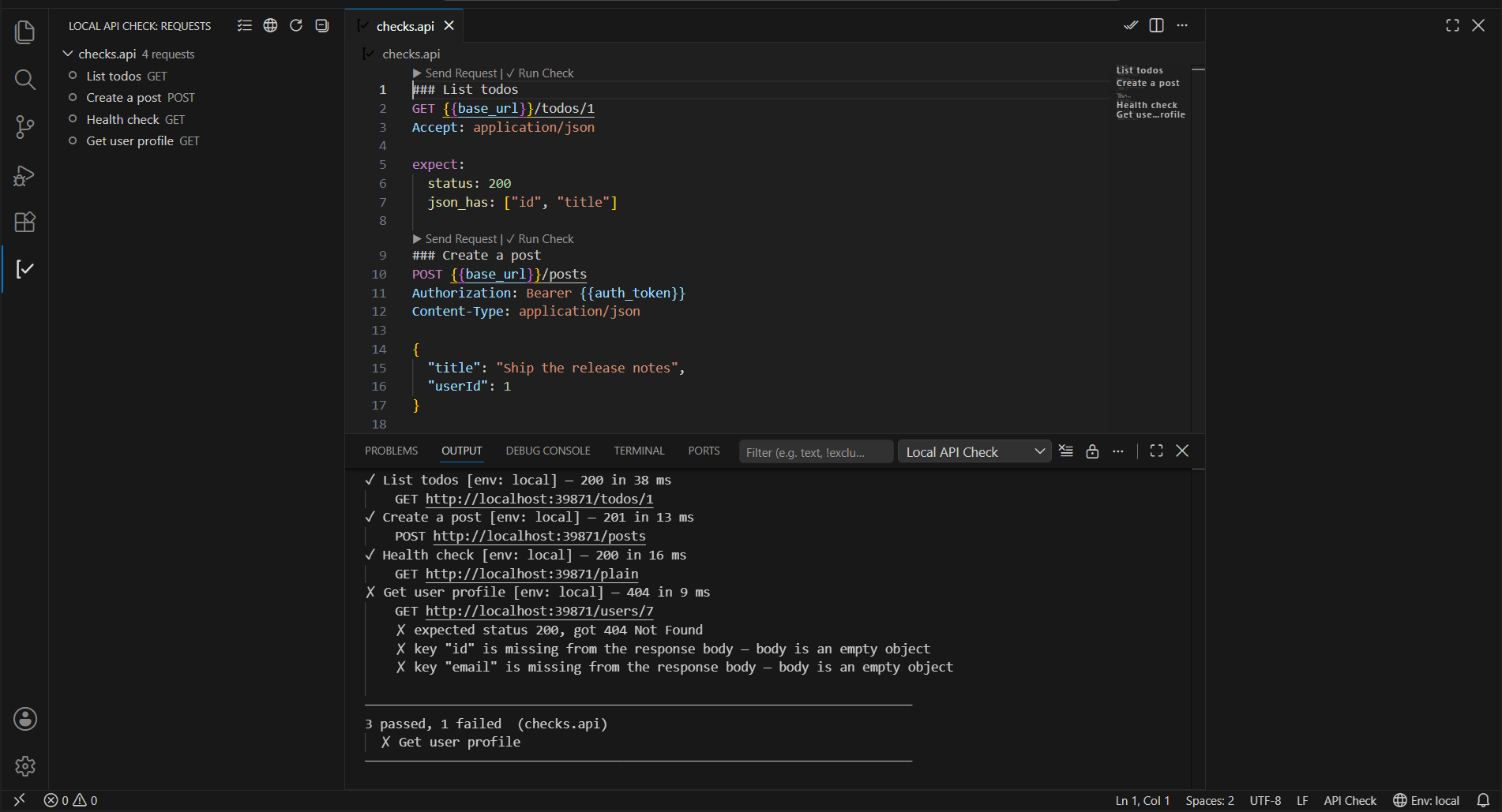 A .api file with Send Request and Run Check CodeLenses, and the output channel showing 3 passed, 1 failed