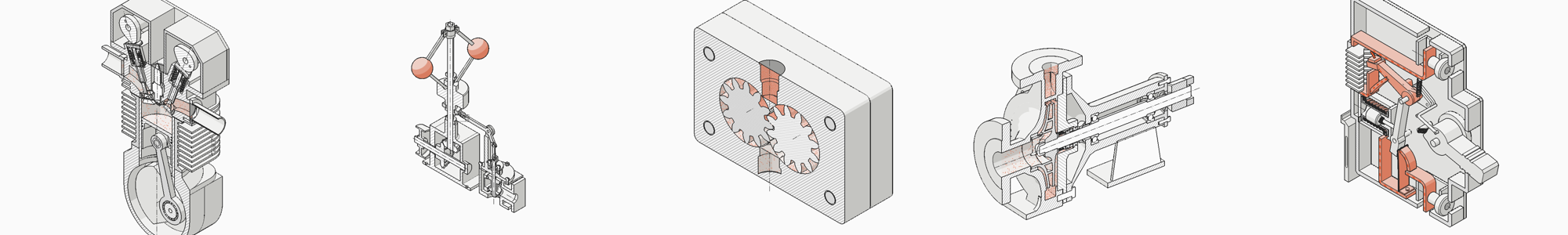 Five live 3D cutaways drawn by howitworks: a four-stroke engine, a flyball governor, a gear pump, a centrifugal pump and a circuit breaker