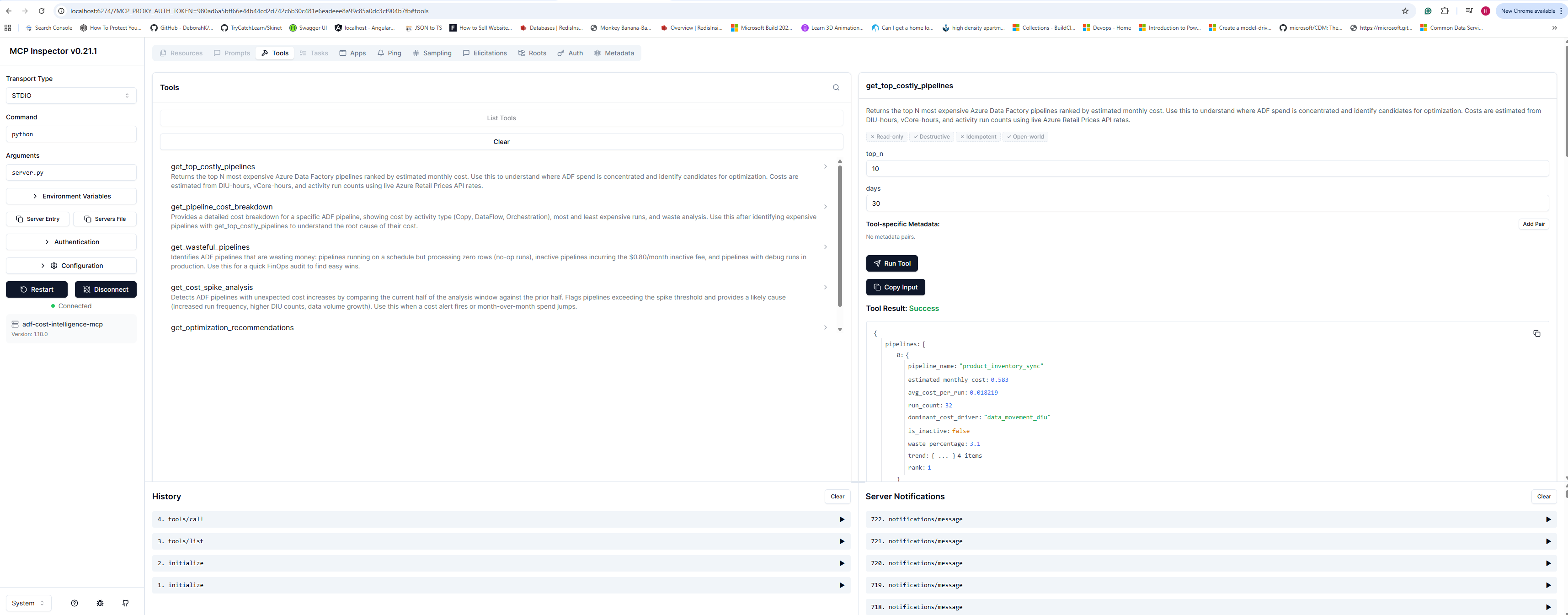 MCP Inspector showing all 5 tools connected and returning real Azure data