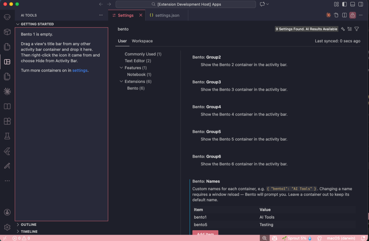 Bento settings in the VS Code Settings UI