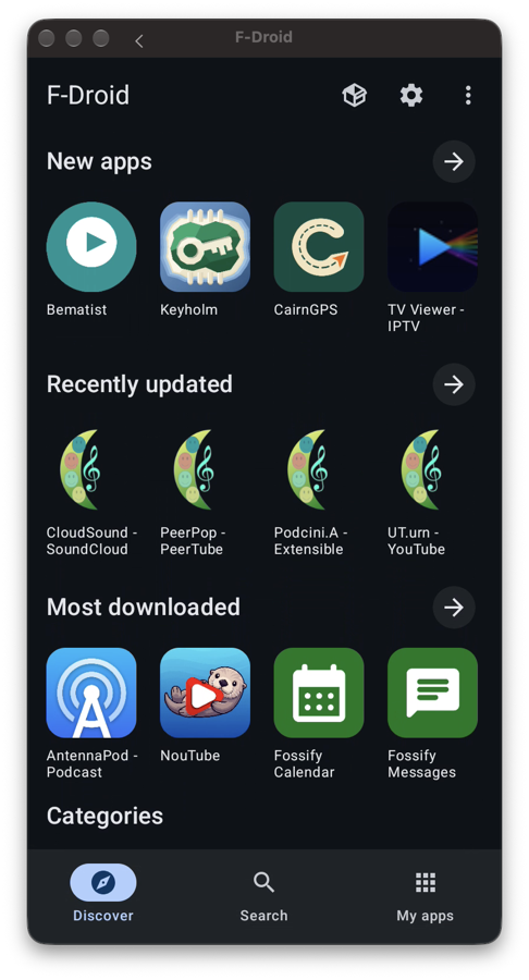 F-Droid, an Android app store, running in its own Mac window