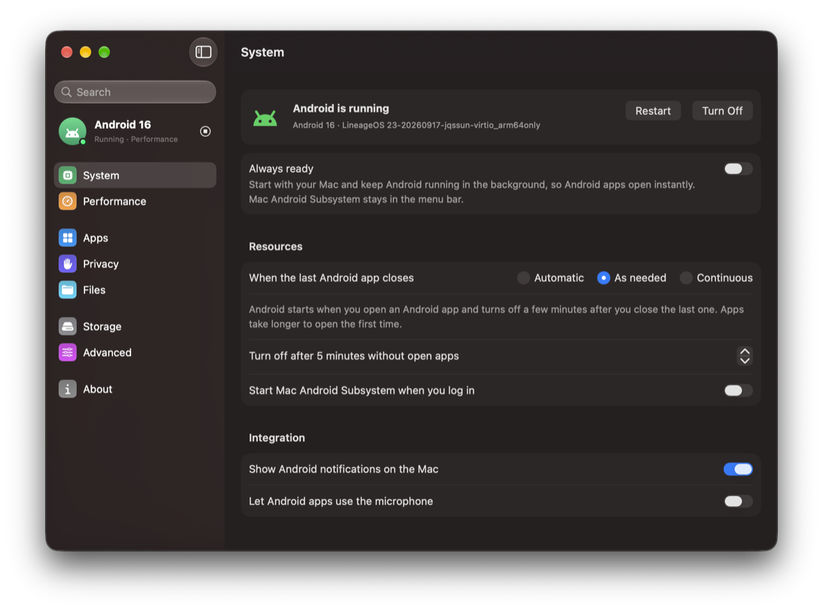 The Settings window, modelled on the Mac's System Settings, showing Android running