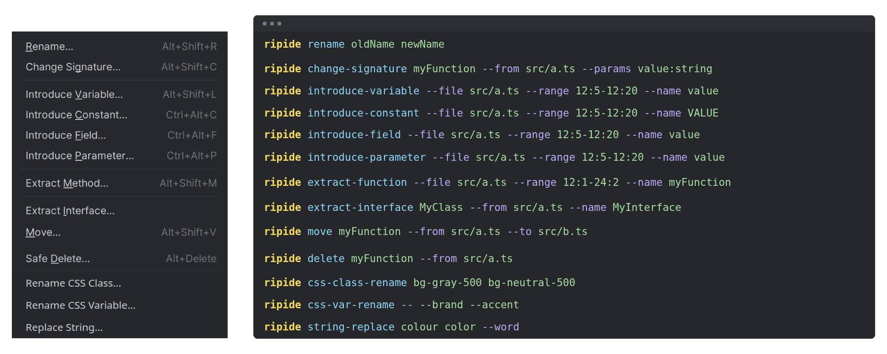 WebStorm refactoring actions mapped to RipIDE terminal commands