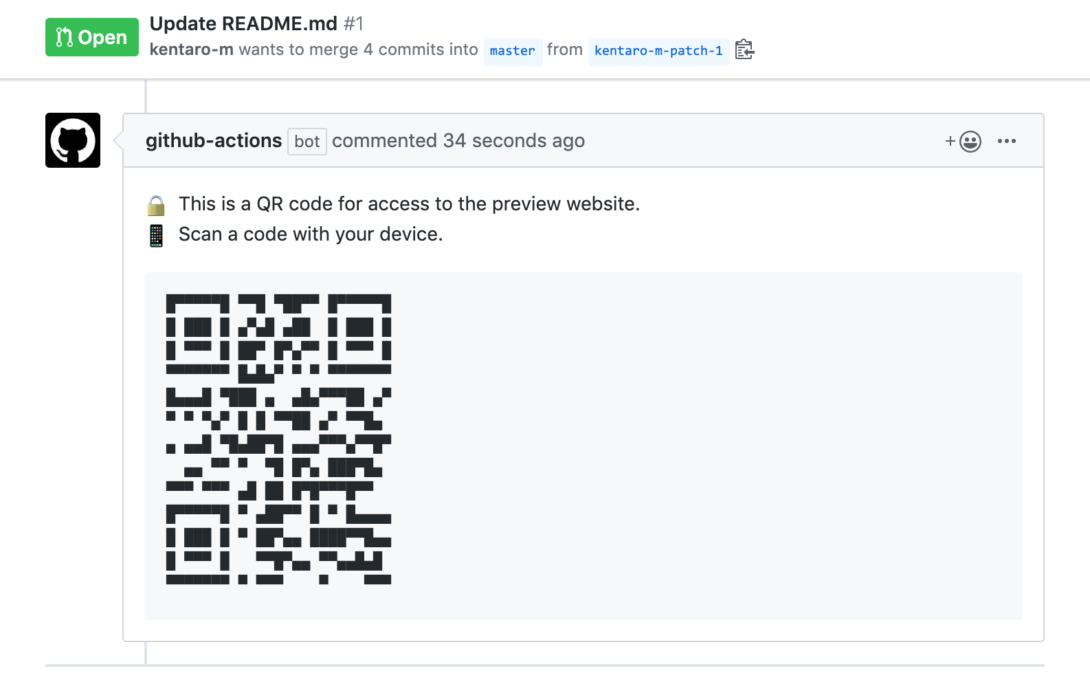 posts a QR code to a pull request comment.