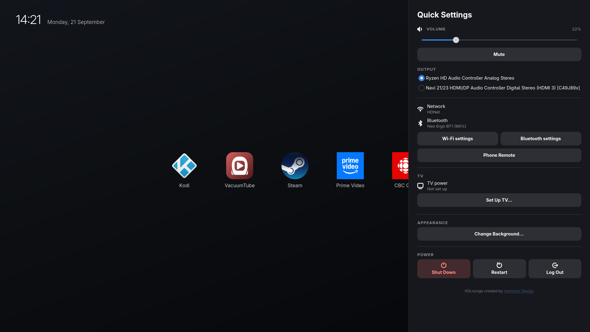 The HDLounge quick settings panel with volume, audio output, network, Bluetooth and TV power controls