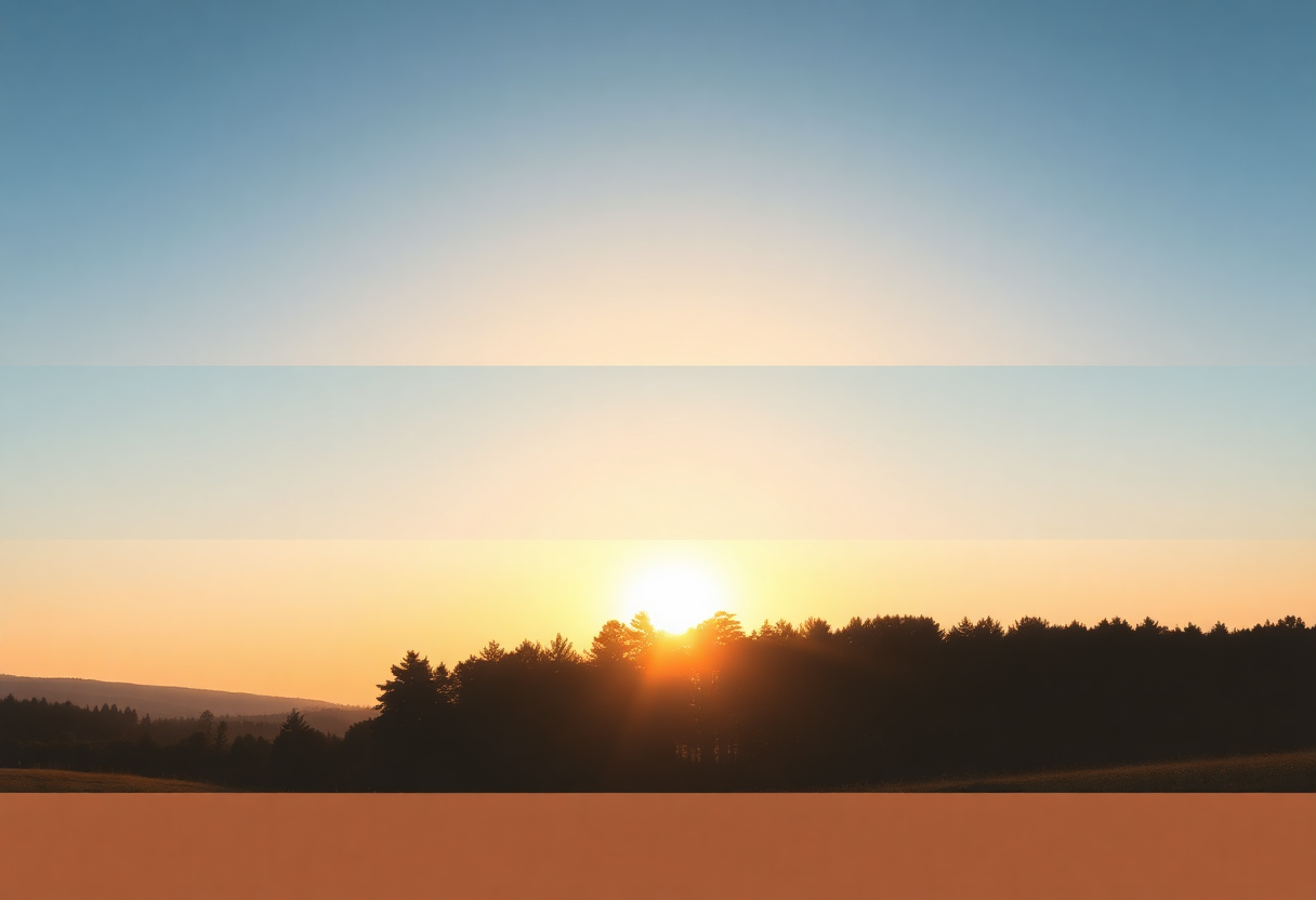 A minimalist split-screen visual showing a morning sunrise over a calm landscape midday sunlight filtering through tr...