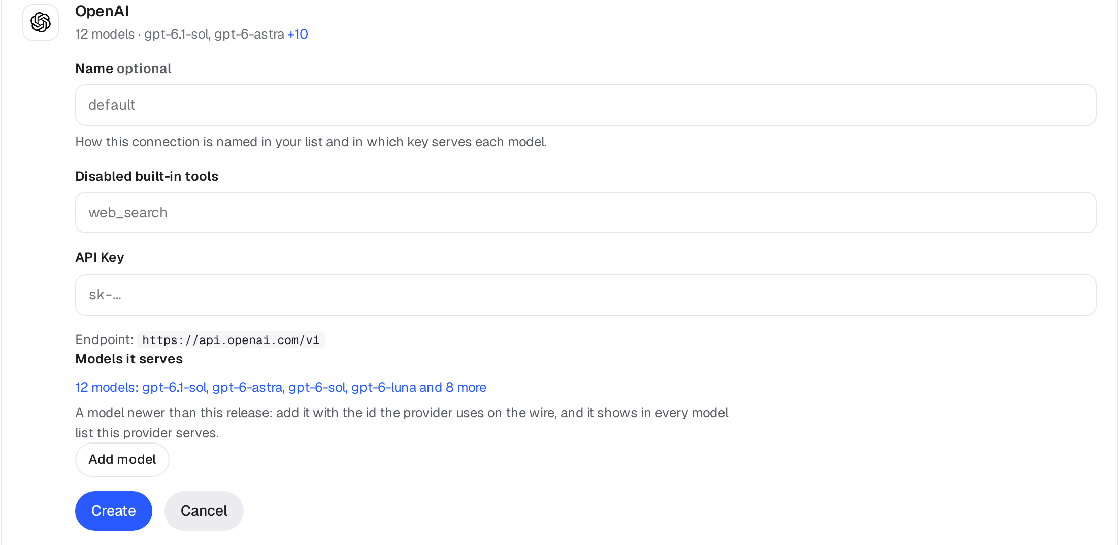 Adding an OpenAI key under Bring your own key