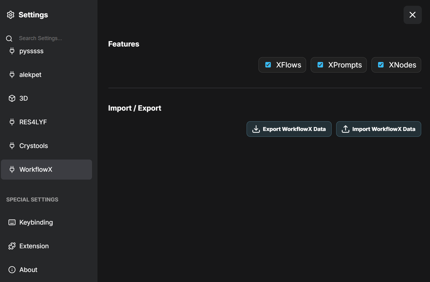 WorkflowX settings