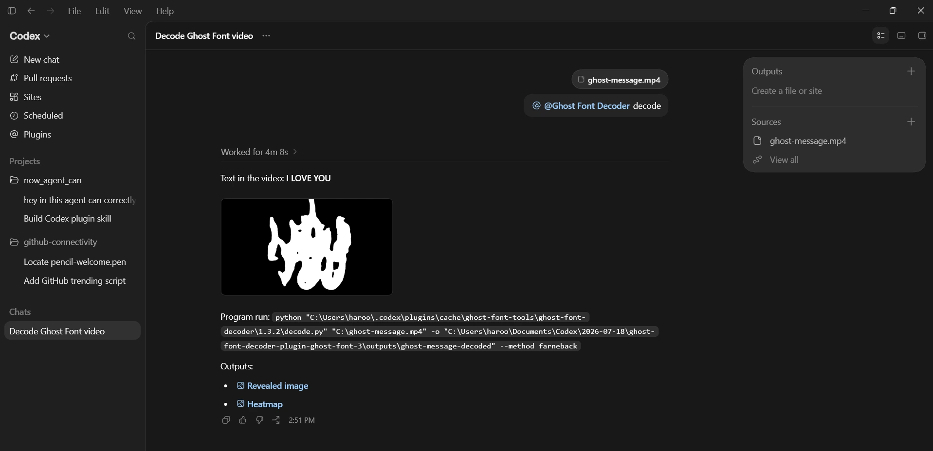 Codex successfully decoding and displaying the hidden text I LOVE YOU