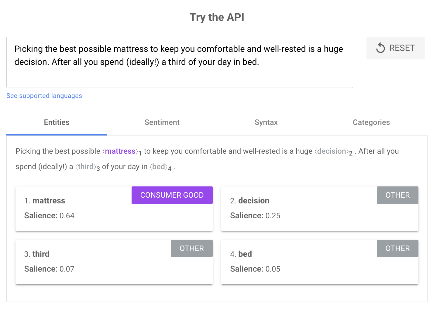 Google Natural Language API showing high salience score after AI-assisted sentence rewrite
