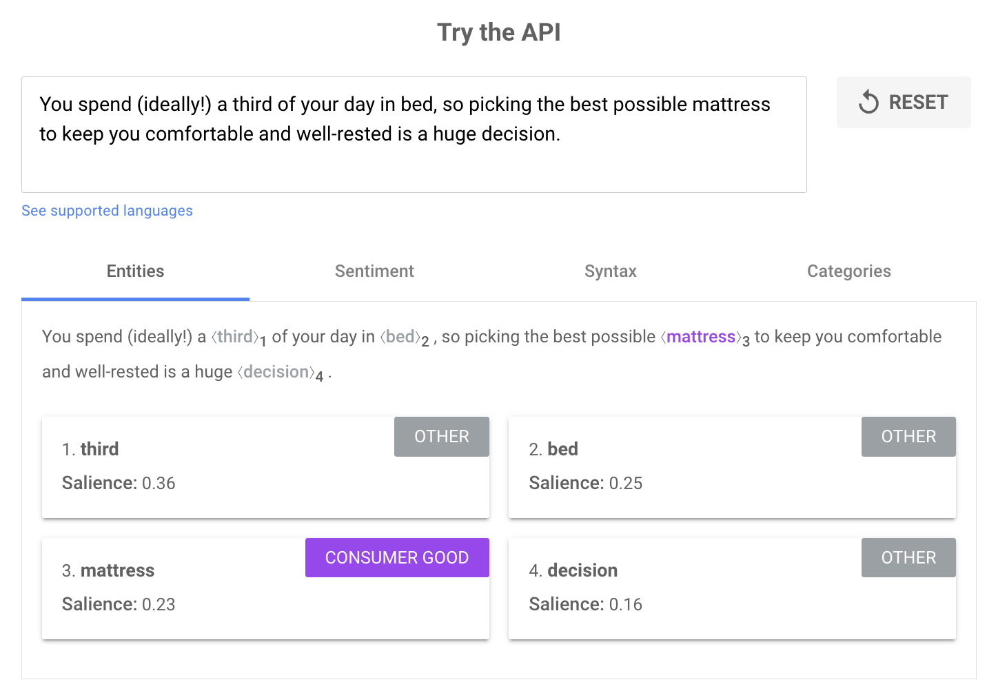 Google Natural Language API showing improved salience score after rearranging the sentence