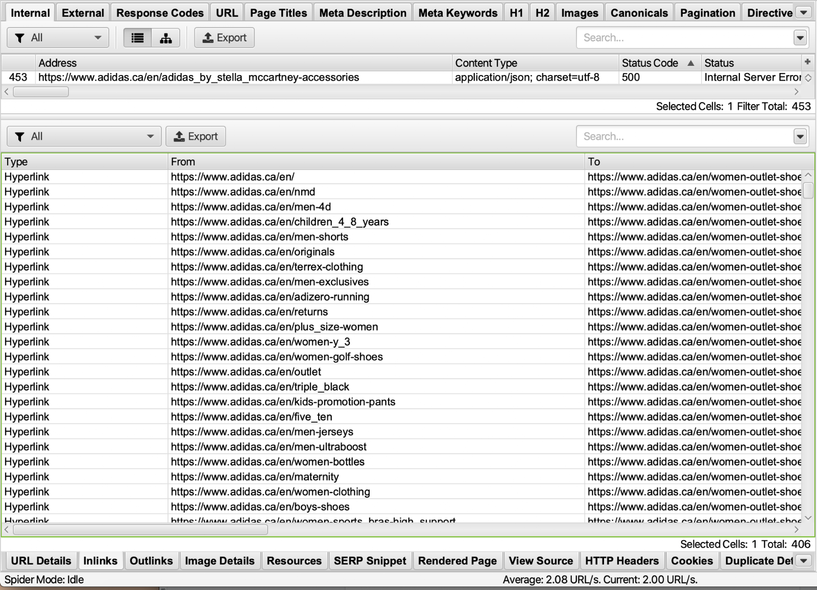 Screaming Frog Inlinks tab showing internal links to a redirect URL