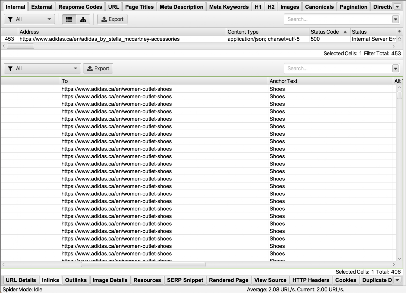 Screaming Frog showing anchor text for internal links