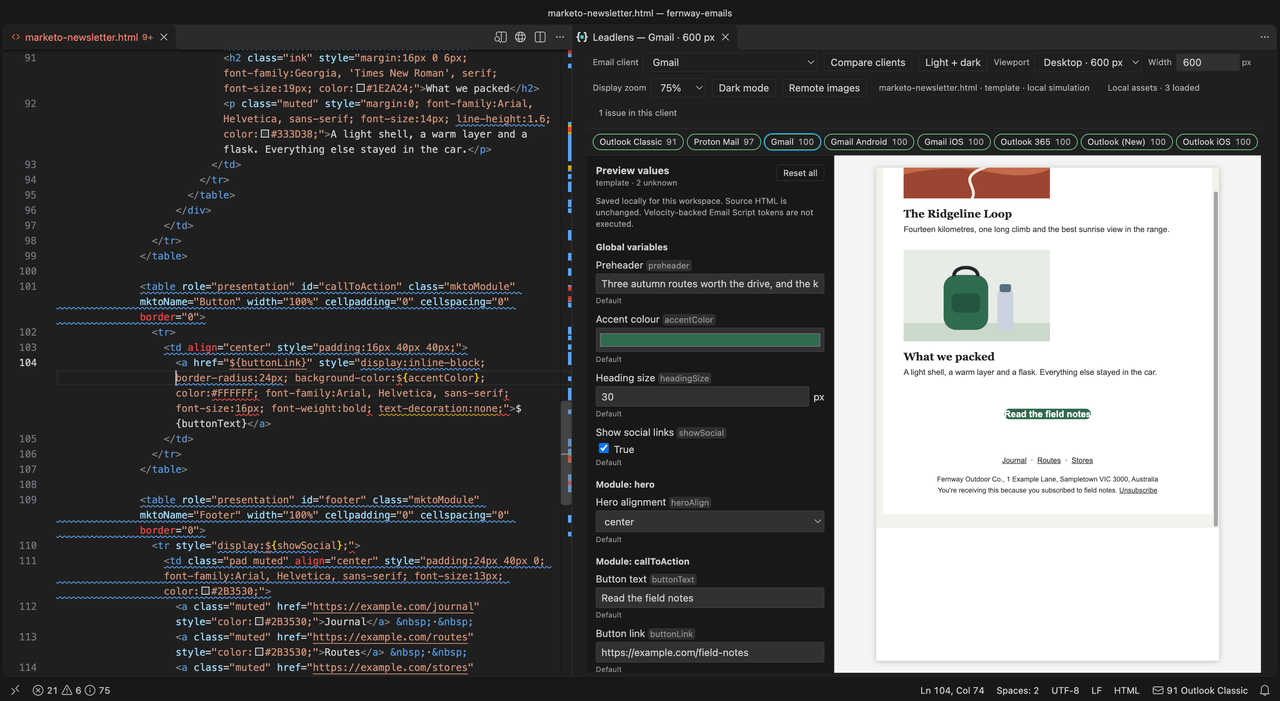A Marketo template in VS Code with the Leadlens preview beside it. Typing padding into the call-to-action button turns it from highlighted text into a full button in the Gmail preview, and Leadlens underlines it at once. The hover explains that Outlook Classic doesn't support the padding; switching the preview to Outlook Classic shows the button reduced to highlighted text again, and the Quick Fix menu offers a fix for button padding in Outlook