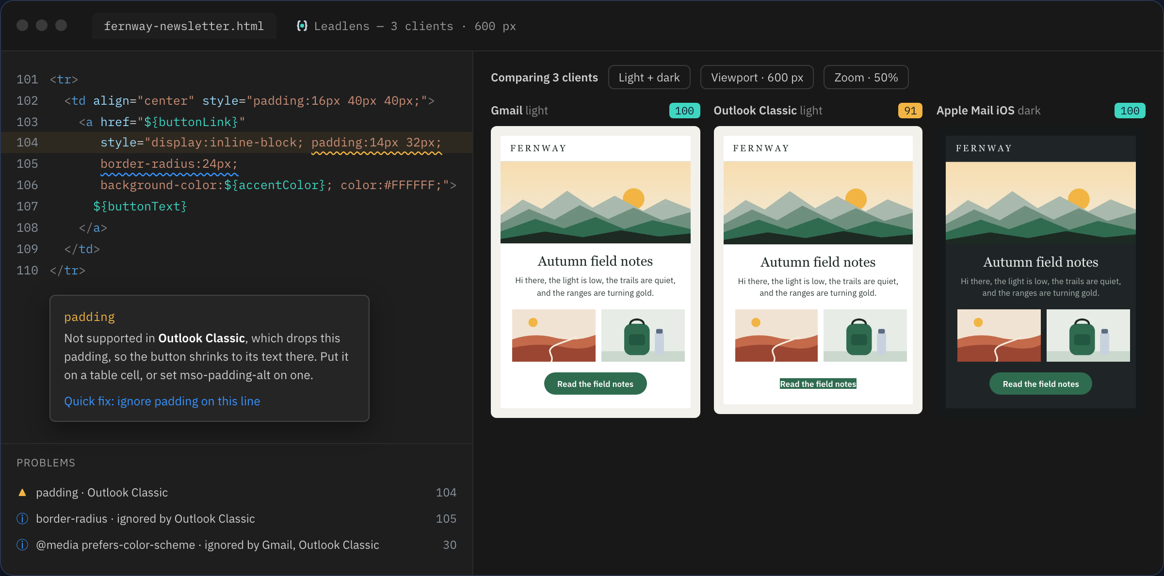 Leadlens in VS Code: a Marketo template with a padding warning for Outlook Classic and its explanation, beside the email previewed in Gmail, Outlook Classic with the button reduced to highlighted text, and Apple Mail iOS in dark mode