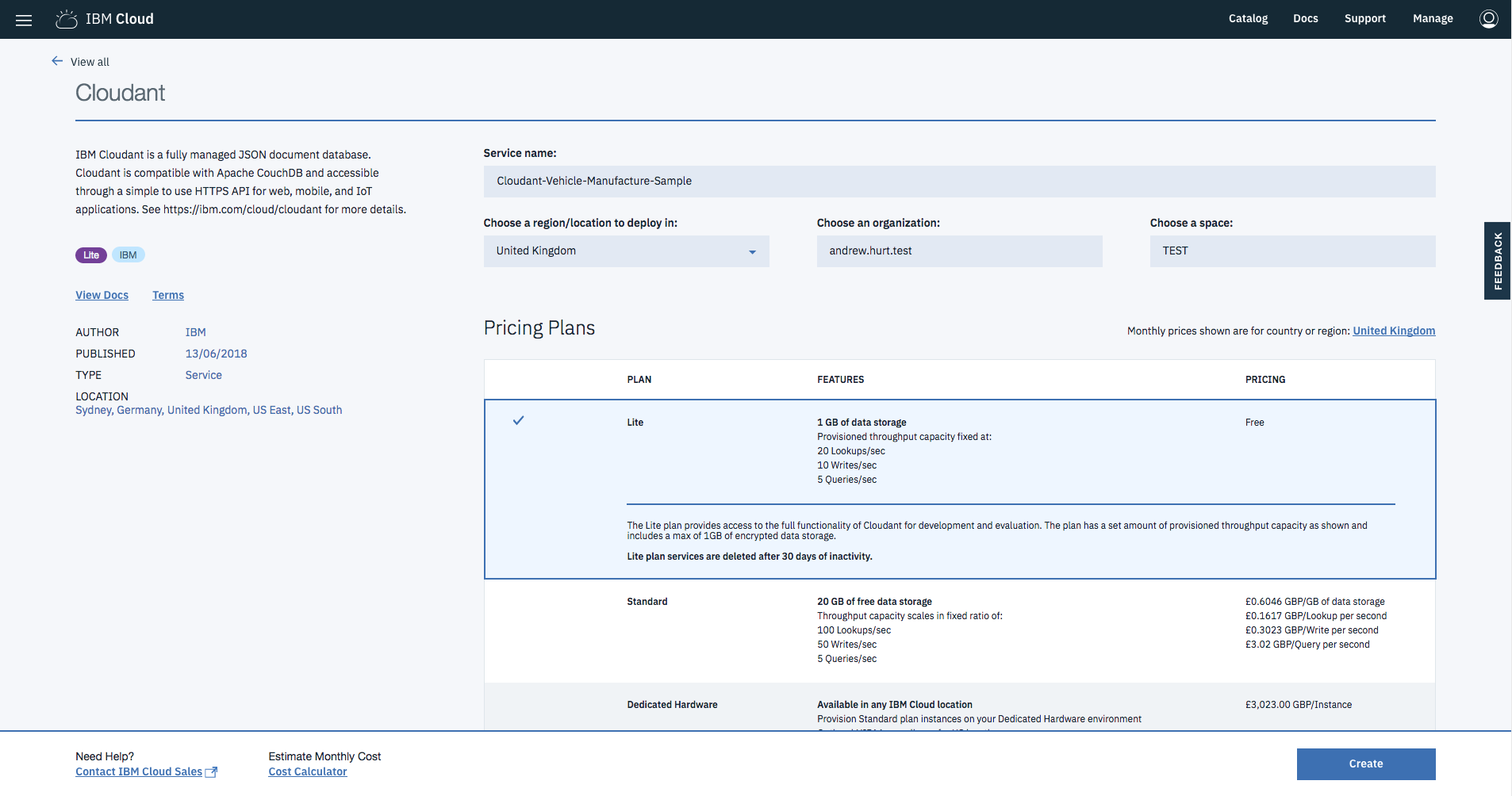 Create cloudant service screenshot