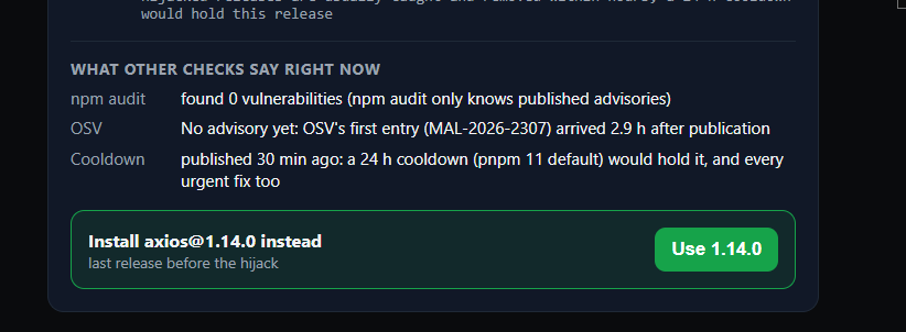 What other checks say, and the safe version to install instead