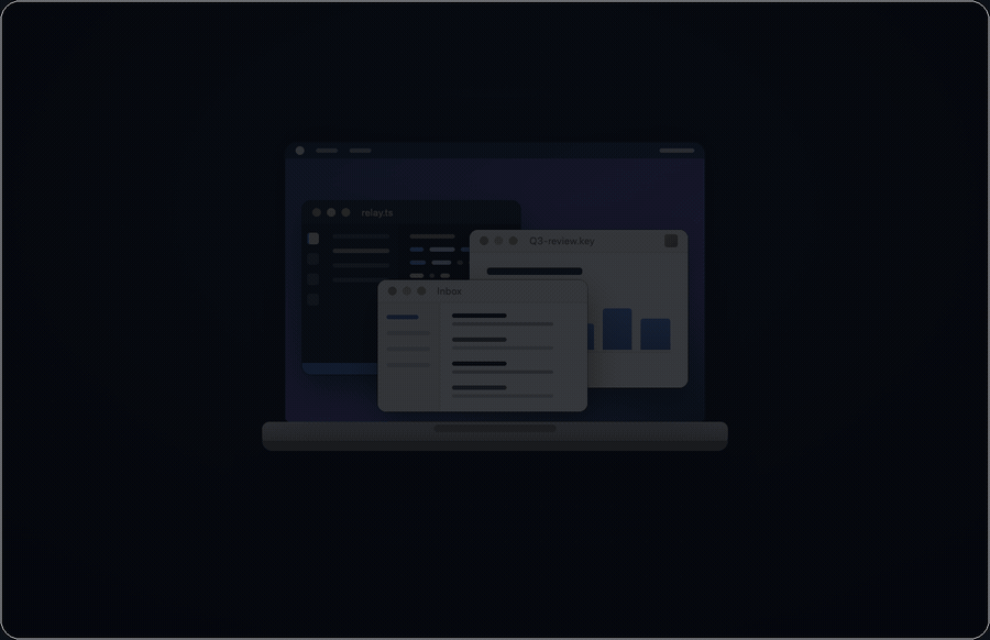 Animation: a MacBook desktop with VS Code, Keynote and Mail windows folds its lid shut — then the same windows appear live as panes in the reminal web viewer, still controllable, with nothing plugged in
