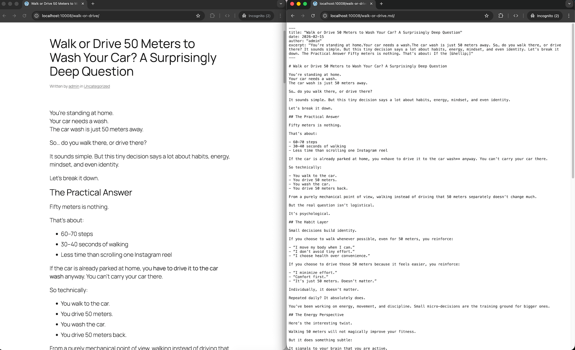 Page to MD — WordPress post (left) and its Markdown output (right)