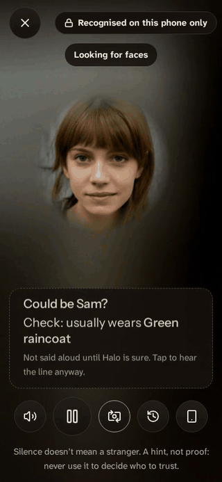 Halo's whisper interface showing a recognised person and their personal context