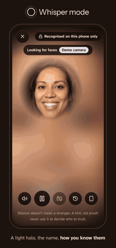 Whisper mode: a light halo, the name, and how you know them