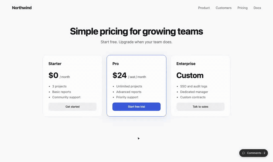 A pricing page with Dogear: pressing C, clicking the Start free trial button to pin a comment and posting it, then opening another person's thread, replying, and reacting with a party emoji.