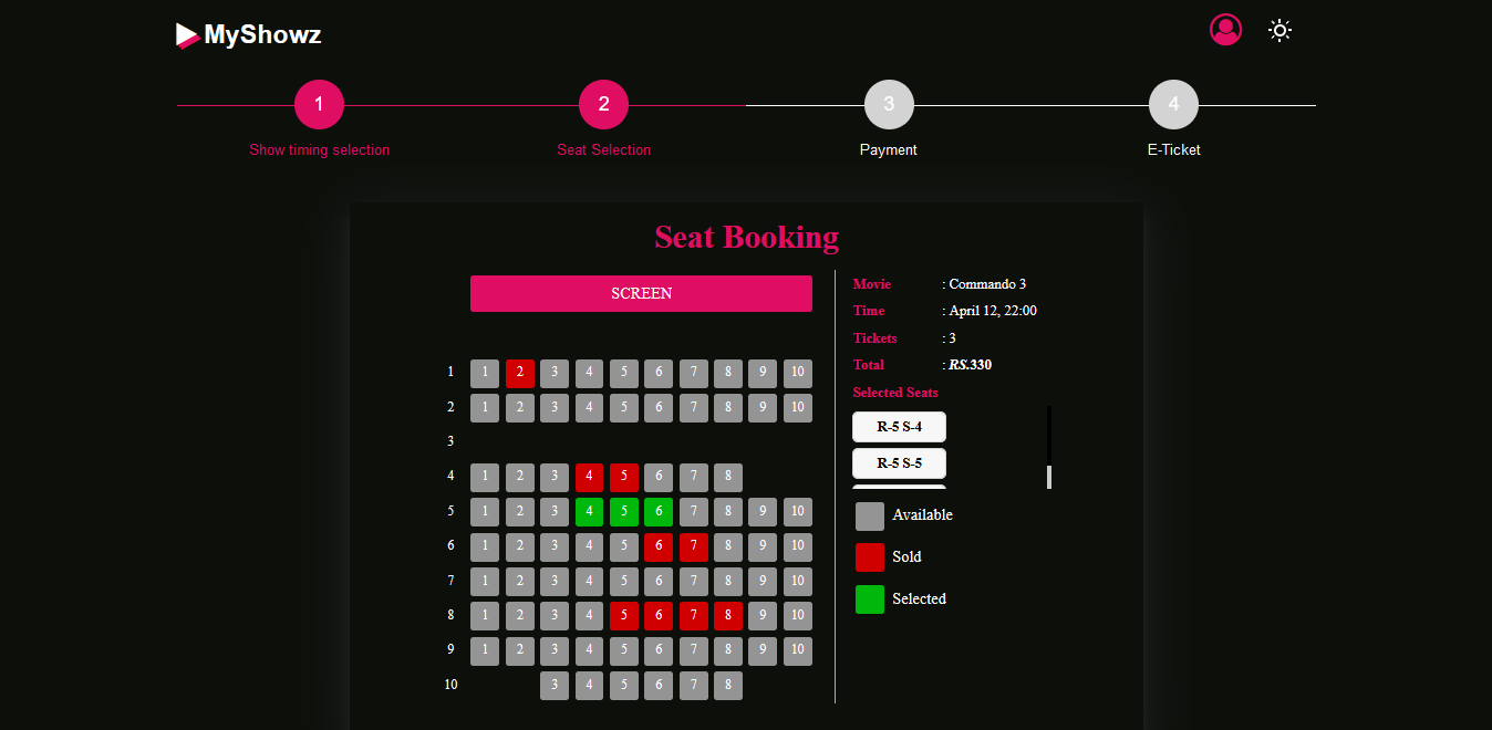 Seat selection page in the dark mode