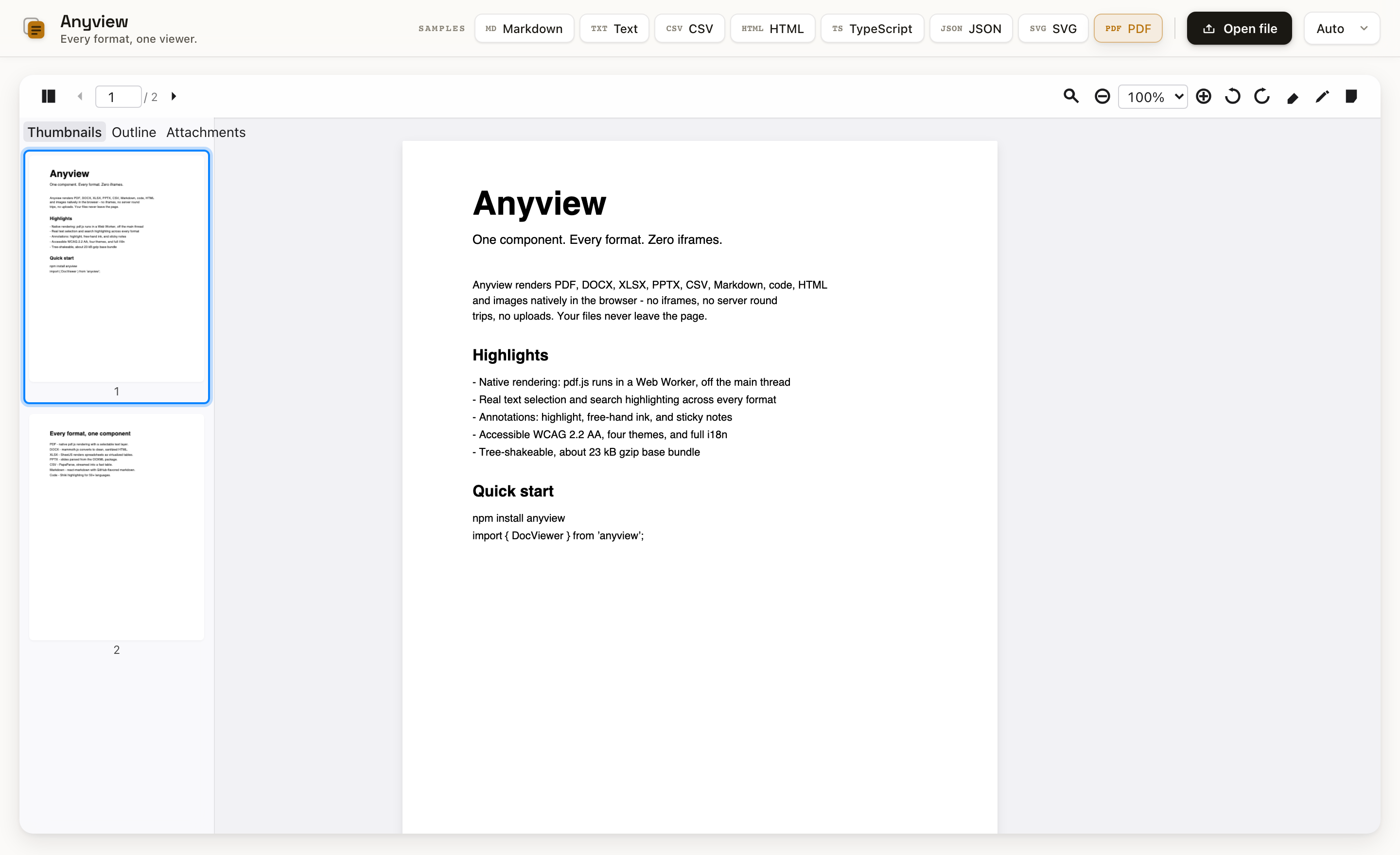 Anyview rendering a real PDF with a thumbnail rail, search highlight, zoom, rotate, and annotation tools