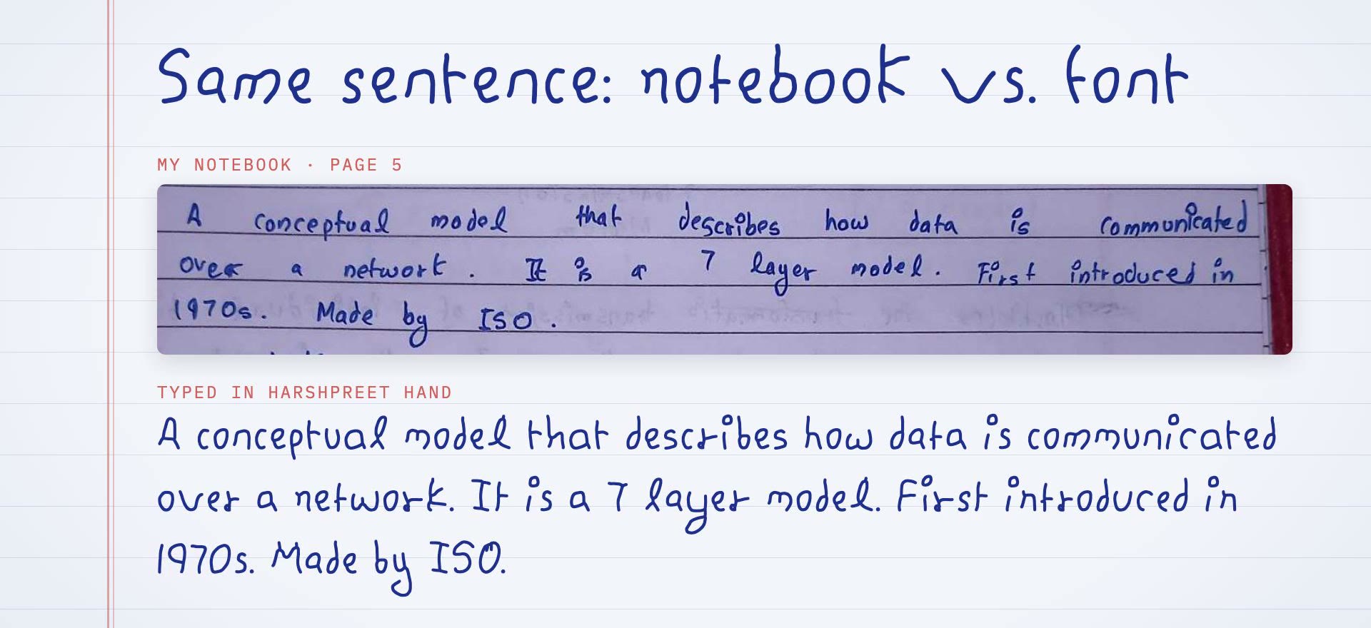 The same sentence from my notebook, and typed in Harshpreet Hand