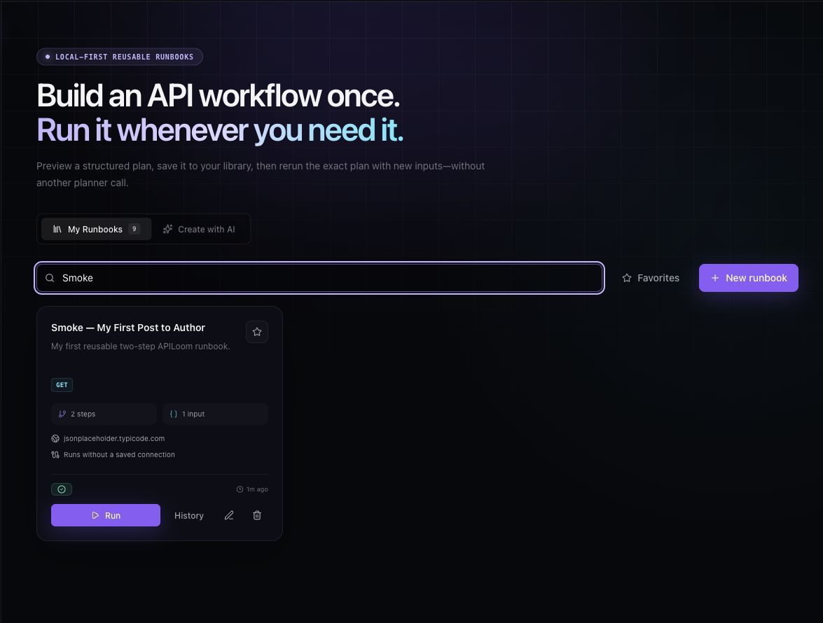 APILoom Studio showing a saved two-step GET runbook with typed inputs, search, favourites, and run controls