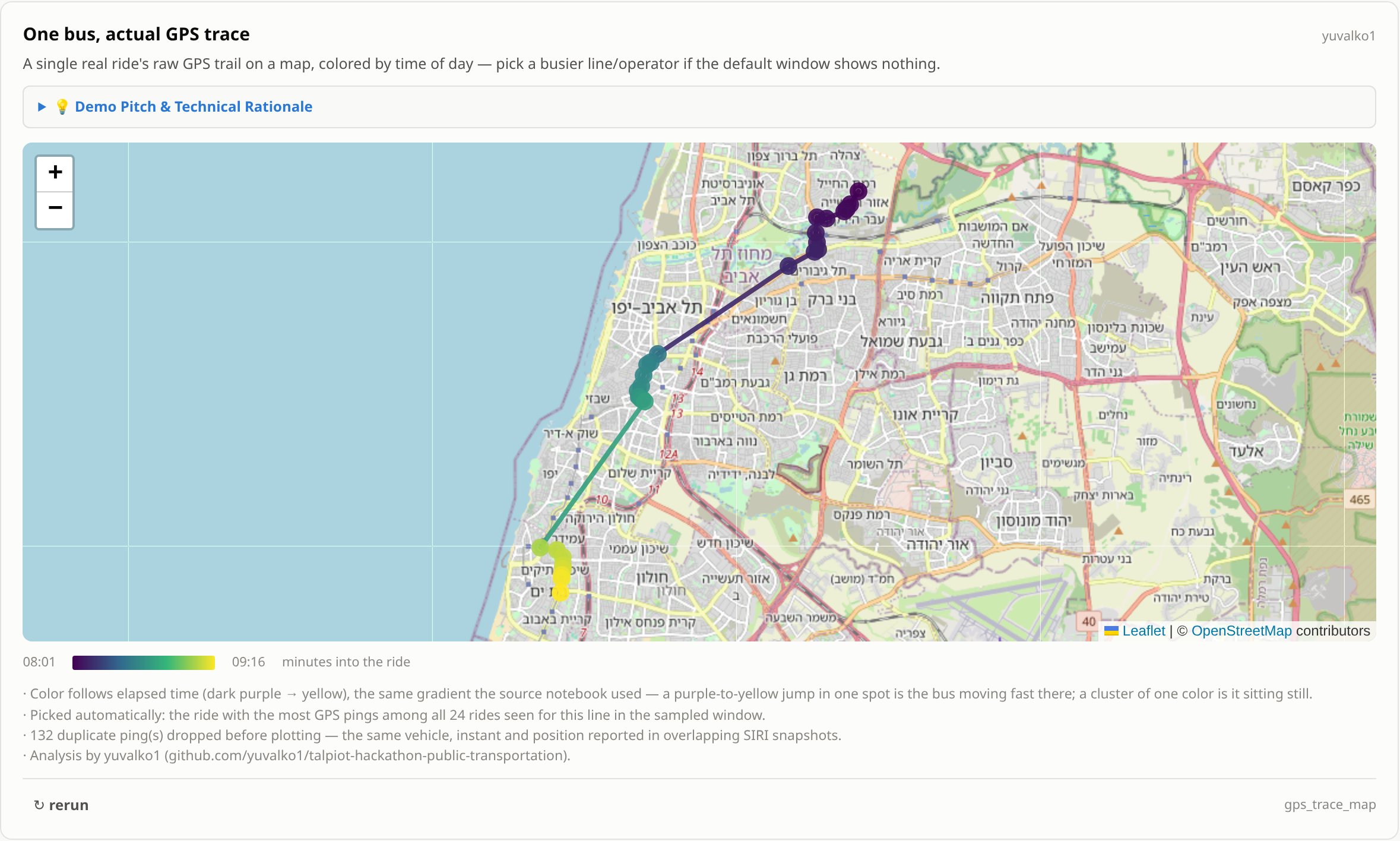 One bus, actual GPS trace, coloured by elapsed time