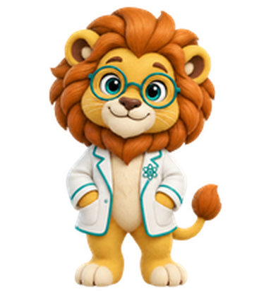 Professor Leo, the second built-in pet: a curious lion scientist with a copper mane, teal glasses, and a white lab coat