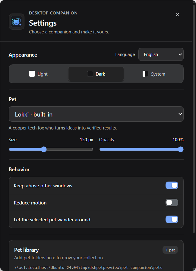 English appearance and behavior settings