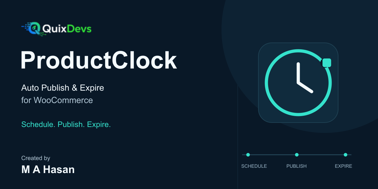 QuixDevs ProductClock branding with the supplied QuixDevs logo, product clock mark and Auto Publish & Expire for WooCommerce tagline