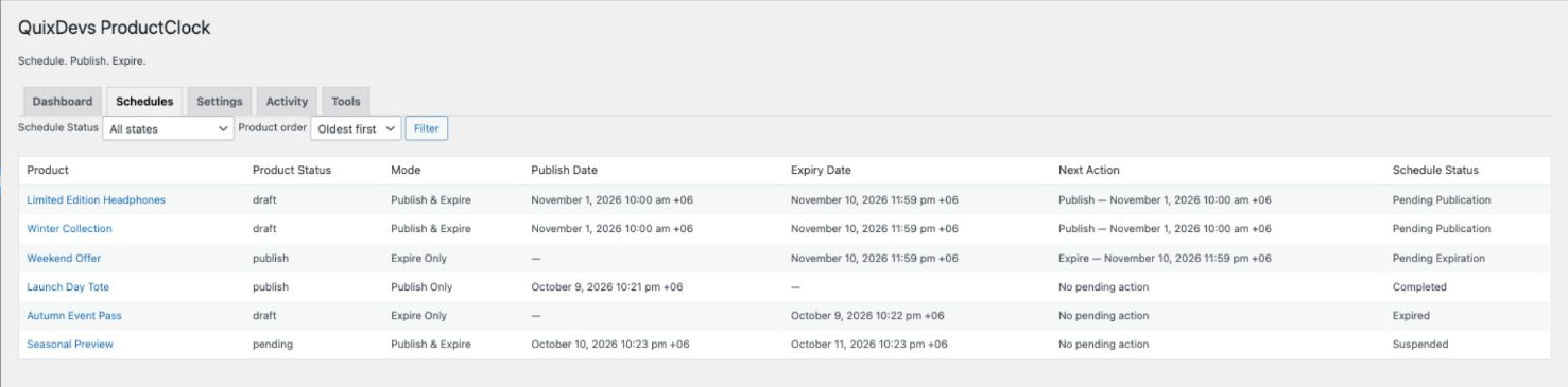 Scheduled products table with pending publication, pending expiration, completed, expired and suspended demo schedules